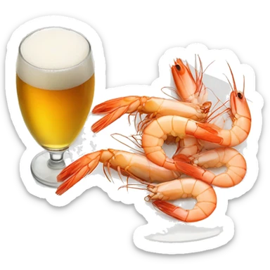 a glass of beer next to a plate of shrimp sticker