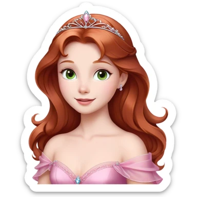 Cinematic Radiant Sleeping Beauty Portrait Emoji, rendered in a realistic, vector style with clean proportions. Show Aurora with a gentle smile, porcelain skin, and beautifully styled auburn hair, wearing her classic pink gown. The image glows with a soft, inviting radiance and high shine, accentuated by a soft glowing outline that enhances her graceful charm. sticker