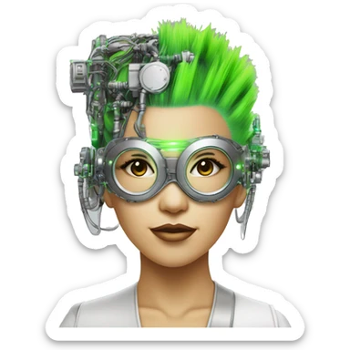 Neon green Mohawk hair Asian female cyborg head with silver steampunk goggles and circuits sticker