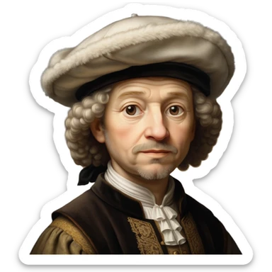 emoji of rembrandt,-shown-as-a-master-artist-with-deep,-introspective-eyes-and-richly-detailed-period-clothing,-rendered-with-dramatic-chiaroscuro-lighting-that-emphasizes-his-legacy white puffy hat sticker