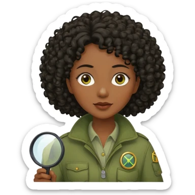 dark skin curly black haired middle-aged woman in moss green explorer outfit, holding magnifying glass sticker