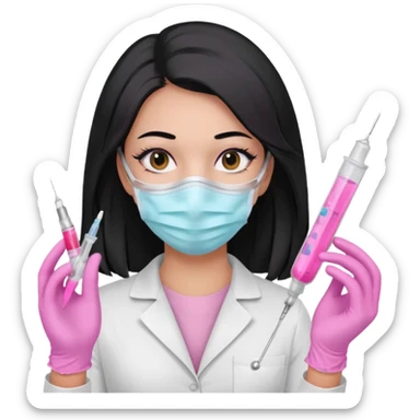 laboratorista con guantes rosa pastel y mascarilla rosa pastel jeringa tubo laboratorio sin lentes pelo lacio negro y largo sticker