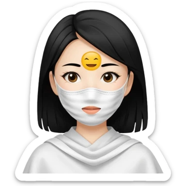 Asian girl with large white sheet mask pack sticker