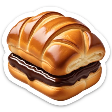 Cinematic warm pain au chocolat, flaky golden-brown pastry with a rich chocolate filling peeking through, perfectly crisp exterior, soft glowing highlights, inviting and indulgent. sticker