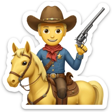 Cowboy riding a horse with revolver. Cowboy With yellow skin and smilling. I mean the face should yellow like mustard color. Simplize it and I need a full pic with horse. Like I need the leg part too sticker