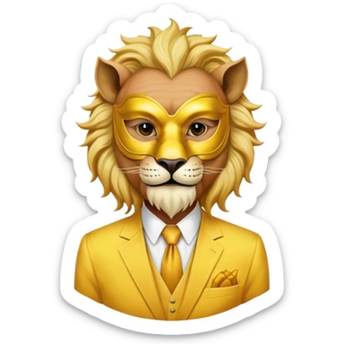 a old man, with a Yellow suit,  wear half-face golden Lion masquerade mask sticker