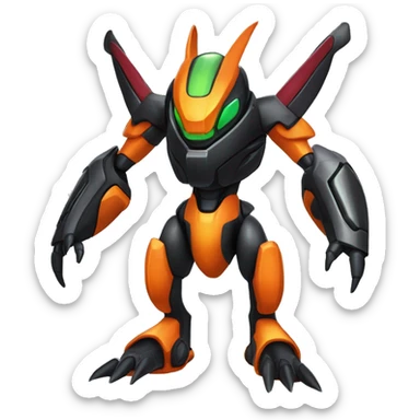 a shiny metallic black-orange Genesect-Flygon-Raptor-Fakémon-Medabot-hybrid with a futuristic visor-helmet full body sticker