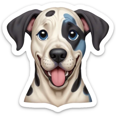 Cinematic Cute Yawning Harlequin Great Dane Portrait Emoji, Head tilted slightly with a dramatic, wide-open yawn, showcasing a smooth coat of predominantly white with bold black patches, floppy ears slightly drooping, round blue eyes barely open in drowsy contentment, Simplified yet irresistibly adorable features, highly detailed, glowing with a soft, cozy glow, high shine, relaxed yet expressive, stylized with a touch of whimsy, bright and endearing, soft glowing outline, capturing the essence of a sleepy yet affectionate guardian, so drowsy it feels like it could stretch out of the screen and curl up for a nap! sticker