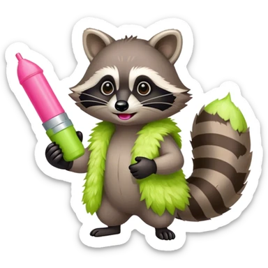 Raccoon wearing a lime green boa holding pink pepper spray sticker