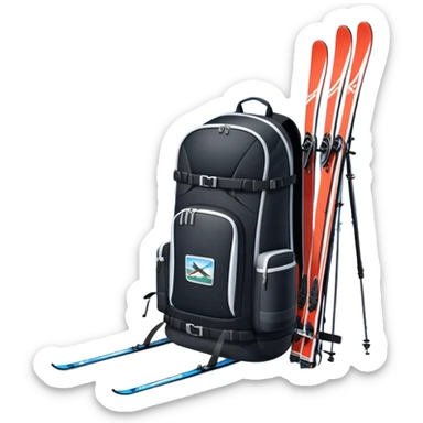 An icon showing a close-up of a biathlon backpack, a pair of skis, and a biathlon rifle resting against snow. In the background, a beautiful winter landscape with snowy trees and mountains under a clear sky. Transparent background reflects the sport’s precision and rugged endurance. sticker