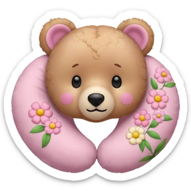 pink teddy bear, floral neck pillow with pastel flowers, iPhone emoji style, iconic emoji look sticker