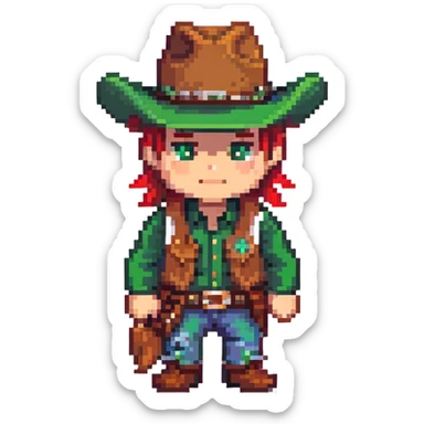Cowboy with a green hat without a star, western clothes sticker