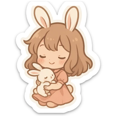 chibi stickers style bunny girl holding a baby bunny, sweet and gentle sticker