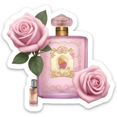Aesthetic composition of soft pink roses with a vintage-style purple perfume bottle.
 sticker
