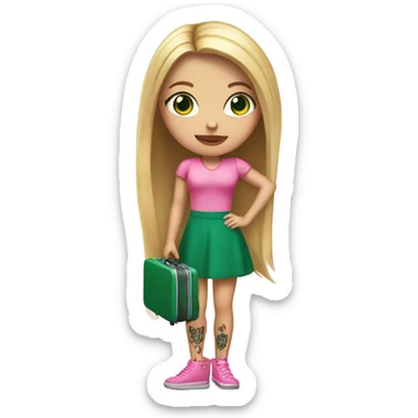 Realistic White girl with Long straight blonde hair and green eyes, tattoos, full body wearing pink dress, holding pink luggage sticker
