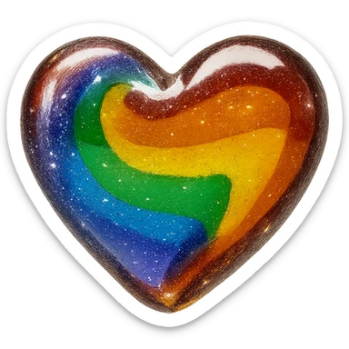 Add a glitter effect to the 3D floating realistic glass pride heart in photorealistic style with no background. Enhance the sparkling glitter details on the glass surface of the heart to make it shimmer realistically. sticker