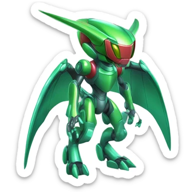 a shiny metallic Genesect-Flygon-Raptor-Fakémon-Medabot-hybrid with a futuristic visor-helmet full body sticker