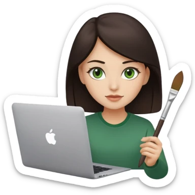 happy Graphic designer whit a MacBook, him eyes green color and dark brown hair, he is paint artist sticker