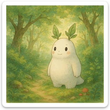 whimsical forest spirit with soft colors and gentle expression in ghibli style sticker
