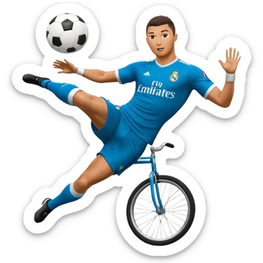 Ronaldo doing a bicycle kick with football in mid air While wearing a Retro blue Real madrid kit and yes i want it to be exactly the same as he Scored it in 2018 vs Juventus  sticker
