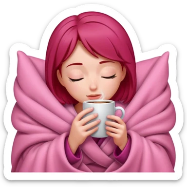 Short cherry haired girl inside a pink blanket sipping coffee eyes closed sticker