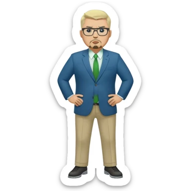 Full Body white male plus size wearing glasses with a goatee with light blonde and gray very short hair angry head Coach in blue and green suit sticker