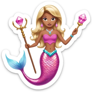 Brown skin blonde hair barbie mermaid with pink diamond tail and wand  sticker