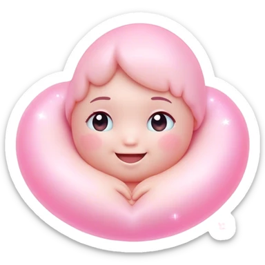 Cinematic floating soft heart, chubby round edges, pastel pink glow, tiny smiling face, surrounded by dreamy sparkles, gentle and loving. sticker