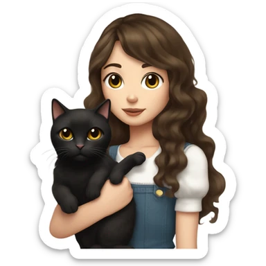 tall skinny brunette haired girl with brown eyes medium wavy hair and curtain bangs holding fat black cat with white spot on its belly sticker
