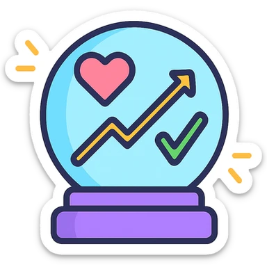 Add an upward slope or rising line graph inside the crystal ball to symbolize improvement and positive healthcare outcomes. Keep the modern icon style, maintaining heart and checkmark, with subtle color highlights. sticker
