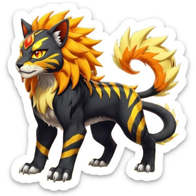 Volcanic Fiery Shiny Legendary Epic Badass Evil Colorful exotic dark-colored, vibrant, golden, burning, badass, cool, realistic Pyroar-Sprigatito-Torracat-Luxray-Tigress-Solgaleo-Liger-Hybrid-Fakémon-Pokémon-Hybrid-Creature (full body) sticker