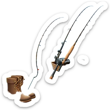 Icon for Fishing Travel: a fishing rod, tackle box, boots, and a boat on a calm lake surrounded by mountains and lush greenery, with fish jumping out of the water. The icon should capture the peaceful and adventurous nature of fishing trips. Transparent background. sticker