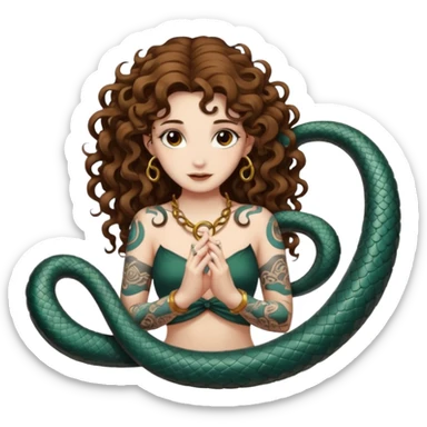 full body woman long curly brown hair brown eyes white skin tattoos ouroboros serpent ring floating behind her like halo sticker
