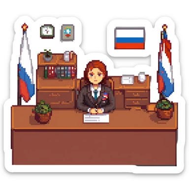 Russian Ministry of Finance employee dealing with sanctions, detailed, professional attire, serious expression, office setting, Russian flag elements subtly included, yellow color scheme sticker