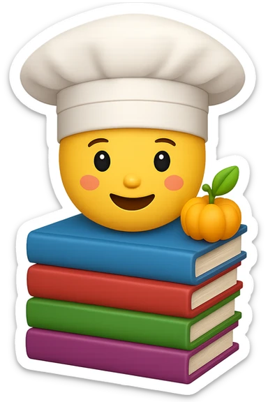 Create an emoji style image of a chef hat on top of a stack of different cookbooks. The style should resemble apple style emojis with clear, concise details and vibrant colors. sticker