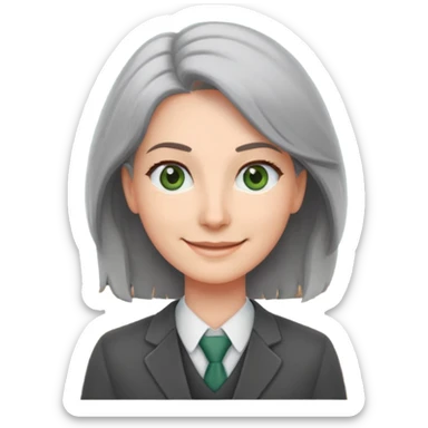 smiling English teacher with airtouch hair and grey-green eyes standing in front of a classroom with chalkboard sticker