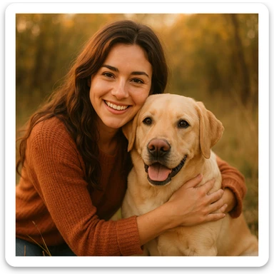 brunette girl with a yellow labrador dog, friendly and warm scene, natural outdoor setting, soft lighting, warm colors sticker