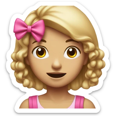 A girl with a hungry face and a pink bow sticker