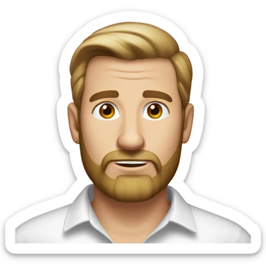 middle aged english man, short slicked back hair dark blonde, dark blonde medium length size full beard, wearing only a plain white smart shirt unbuttoned. sticker