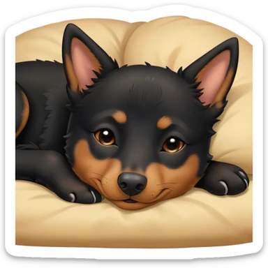 Meme-Worthy Cute Sleeping Black and Tan Kelpie Portrait Emoji, Head resting peacefully with a contented smile, showcasing a delightfully agile build and a luxuriously soft black and tan Fur, eyes shut in a serene nap, Simplified yet hilariously adorable features, highly detailed, glowing with a soft, drowsy light, high shine, relaxed and utterly lovable, stylized with an air of playful laziness, bright and heartwarming, soft glowing outline, capturing the essence of a comically sleepy herder, so meme-worthy it feels like it could instantly become the next viral sensation of adorable slumber! sticker