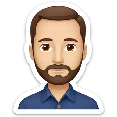 Man in his mid-50s with light skin tone. Round face with broad cheekbones. Lively brown eyes, prominent eyebrows. Full brown hair with minimal recession at temples. Brown beard covering jaw and chin. Slight smile. Wearing a navy button-down shirt. sticker