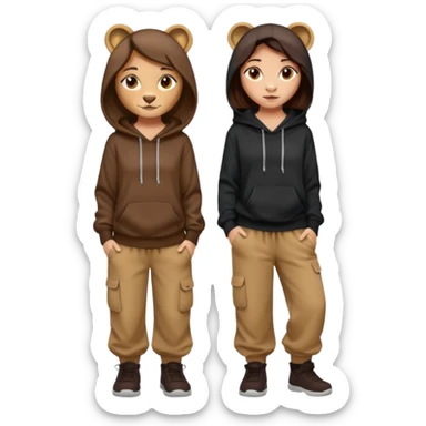 León tierno que sea mujer con pantalones guangos  y una sudadera negra con cabello suelto color castaño obscuro sticker