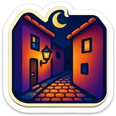 Simplify the background buildings in this dimly lit alley emoji while keeping the same retro stickers style and transparent background. sticker