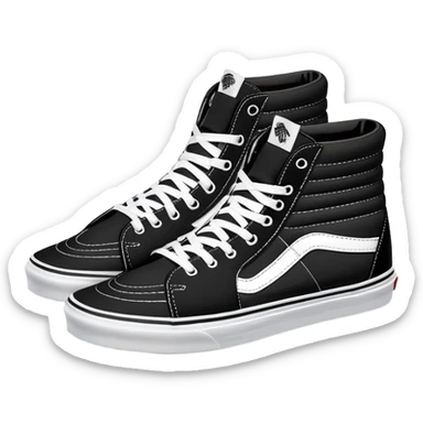 Pair of black Vans Sk8-Hi sneakers clearly arranged with one directly behind the other, high-top skate shoes with white jazz stripe, black canvas upper, white stitching, white rubber sole sticker