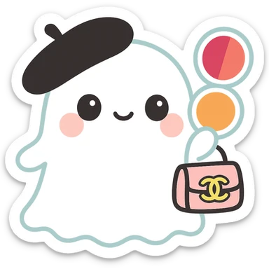 Make the colors in the blush compact darker, with one side a deep pink and the other a rich orange. Keep the ghost white, with a black beret and pink Chanel purse, kawaii style, no background. sticker