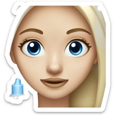 white girl with blue eyes applying cream on face sticker