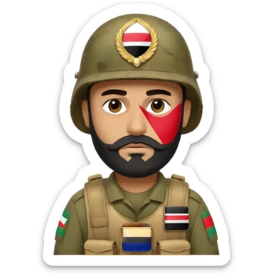 A very tired and sad, swarthy Iraqi soldier with a beard, an Iraqi flag on his helmet, a sad expression and bags under his eyes sticker