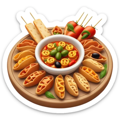 Cinematic Realistic Tapas Dish Emoji, depicted as an assortment of small, flavorful Spanish appetizers rendered with vibrant detail and warm, inviting lighting. sticker