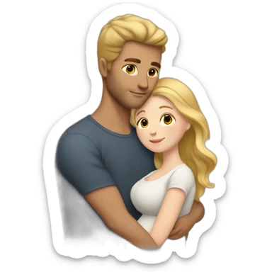 Small pregnant woman with wavy brown gradient hair and a tall man with blond hair cuddling eachother sticker