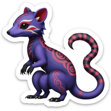 Rare warm-colored exotic gloomy tropical edgy cute epic aesthetic spooky indigo violet white black red gothic colorful Salandit-Noibat-Civet-species-Fakemon-hybrid-creature, with tribal tattoo markings, full body sticker